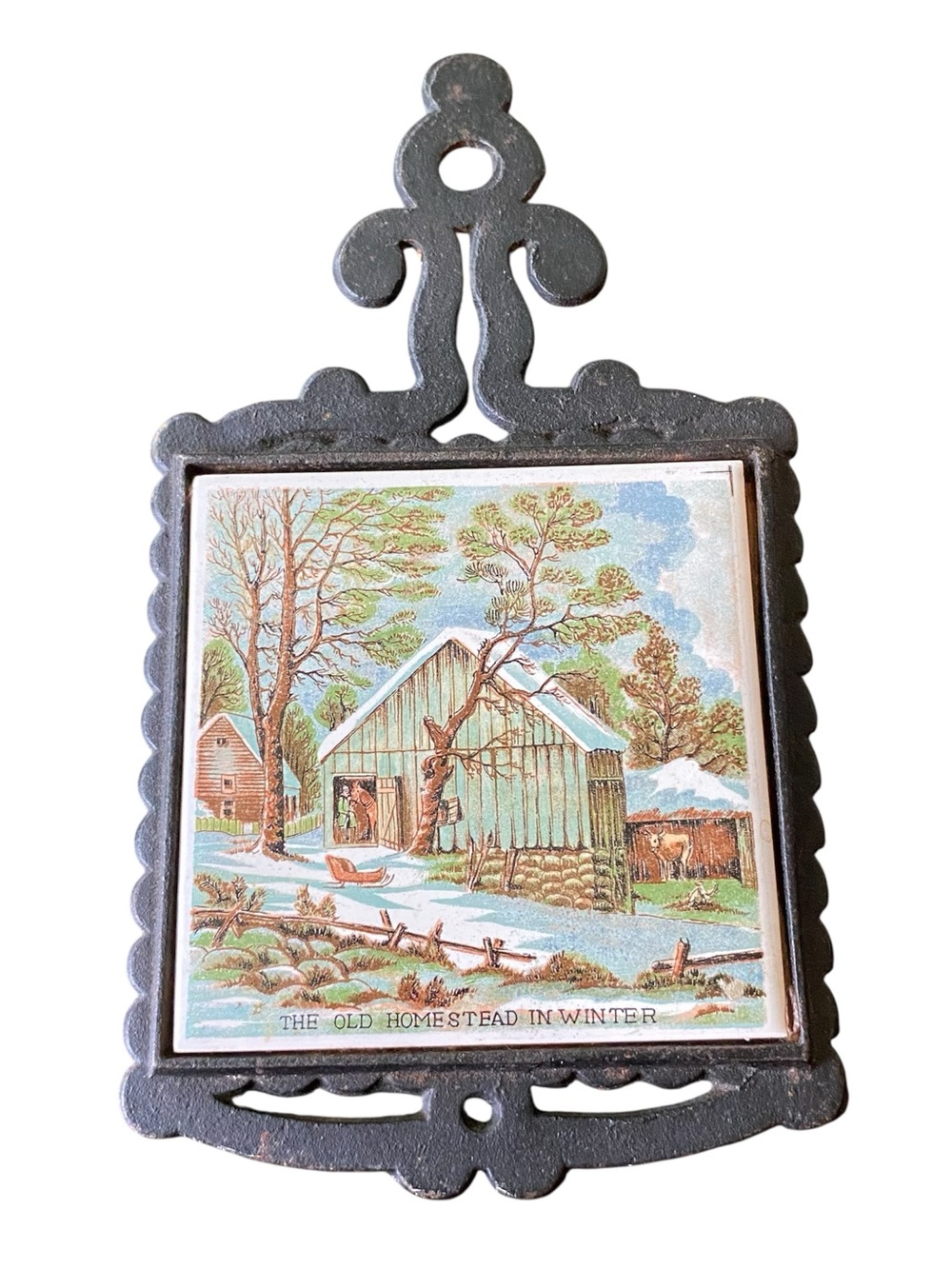 Vintage Currier & Ives Trivet Homestead Winter Enesco Hand Painted Cottage Japan